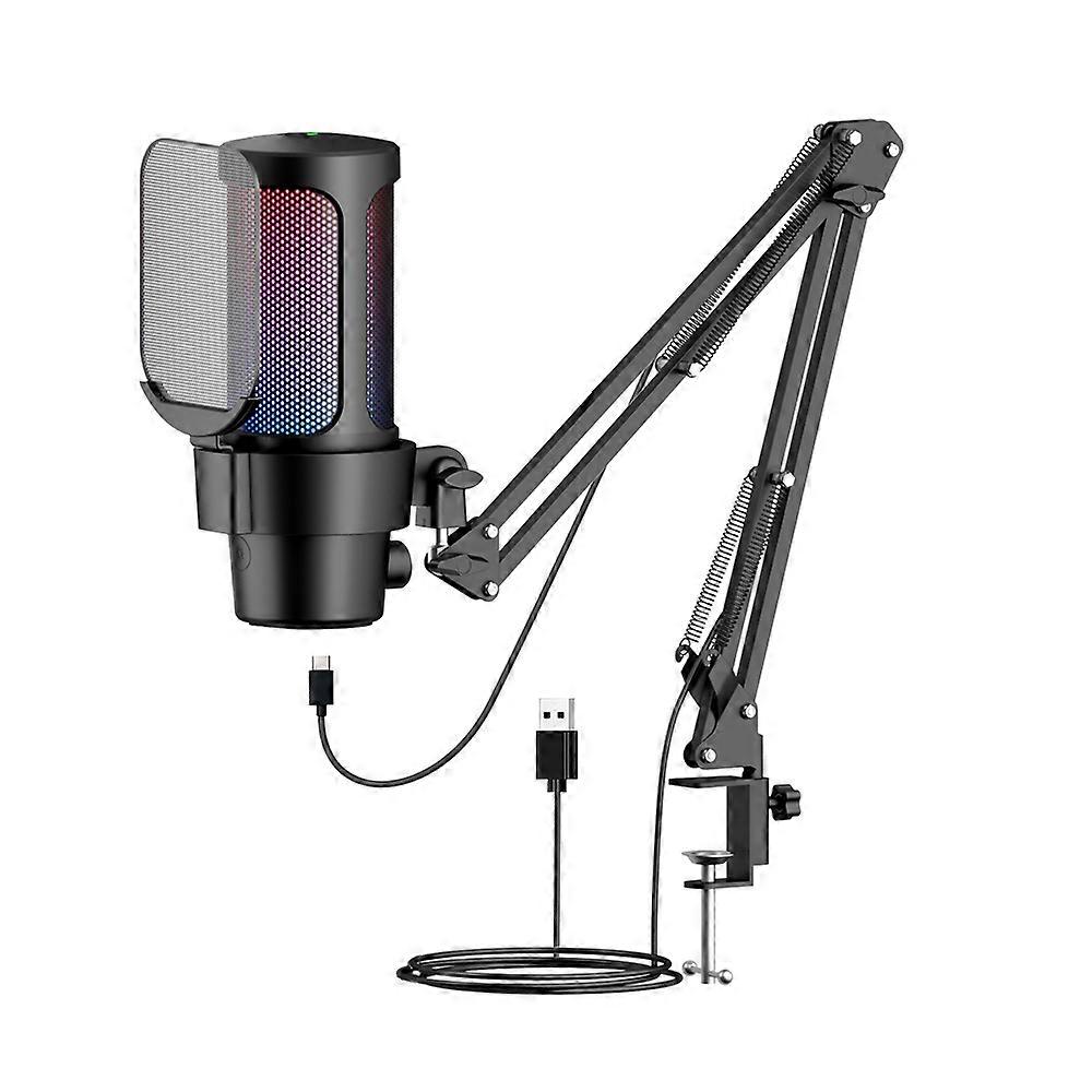 USB Gaming Microphone Computer Mic Kit RGB Lighting Cardioid Mode Pick-up Quick Mute and Gain Knob with Boom Rack for Gaming/Meeting/Live