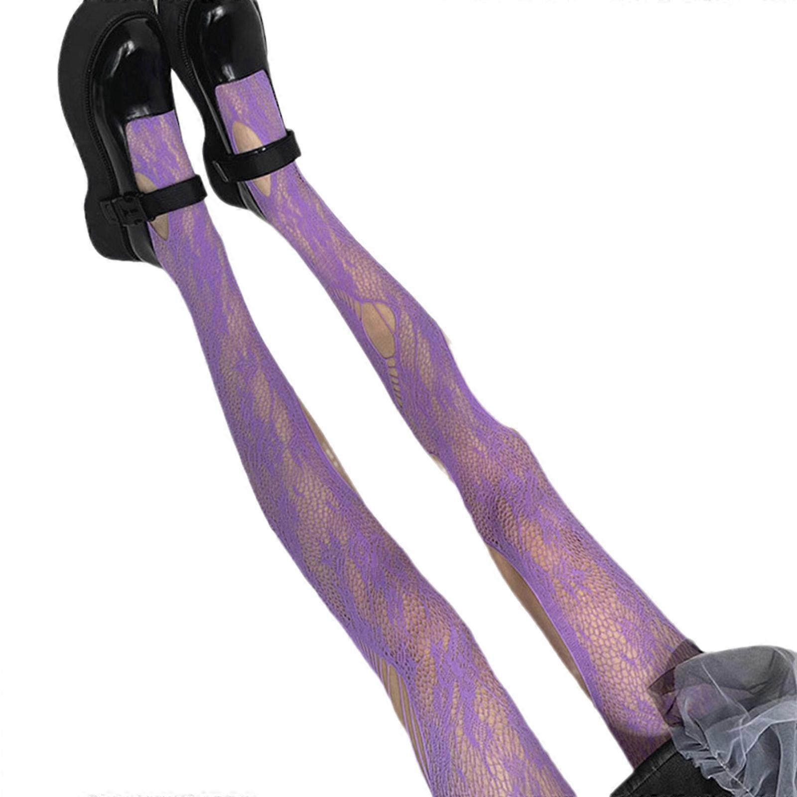 Kadınlar Renkli File Külotlu Çorap Seksi Gül Çiçek Yırtık Delikler Tayt Çorap Mor