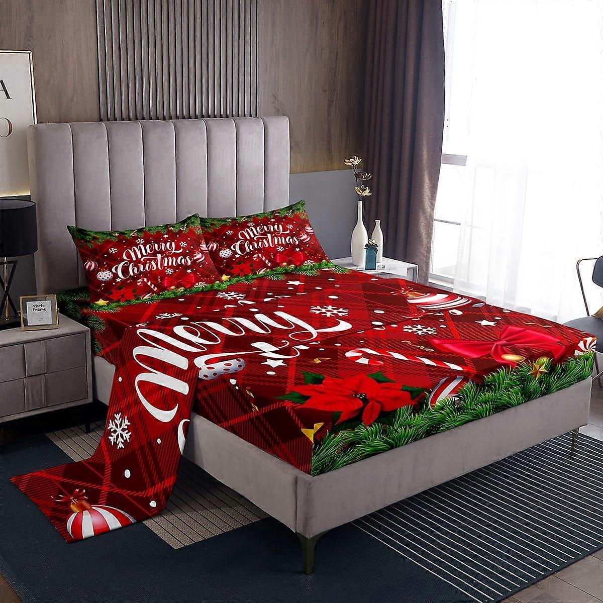 Merry Christmas Sheet Set Queen Size 4 Piece Winter Themed Bed Sheets Red Geometry Stripes Print Fitted and Flat Sheets