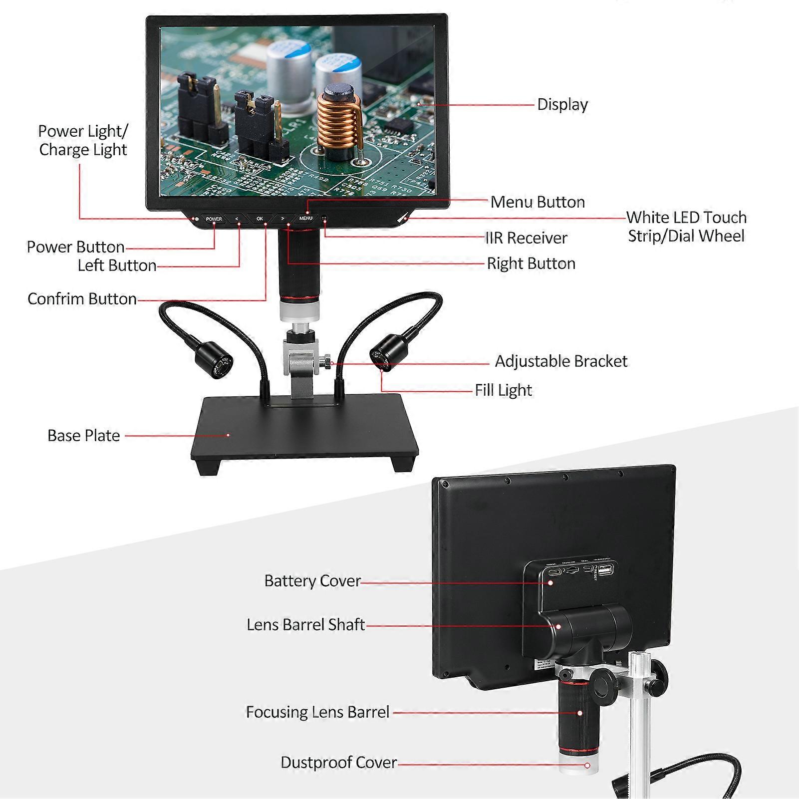10.1" Video Microscope VMS101S 13MP 1X-8X 4K HD USB for Android/iOS