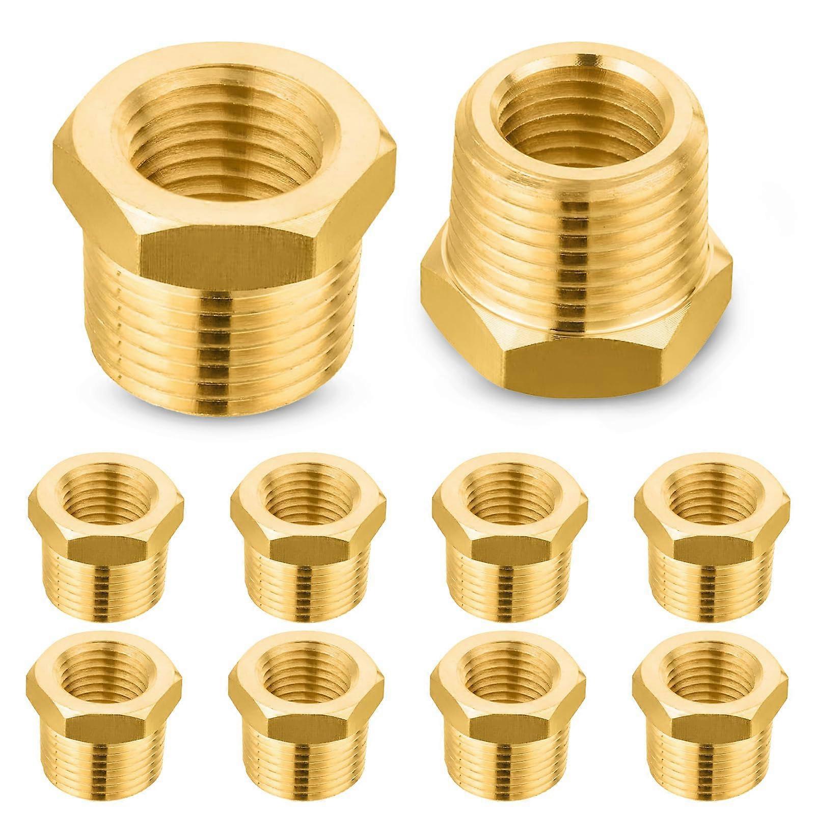 10-Pack Brass Thread Pipe Fitting Reducer Hex Bushing Adapter 1/2" NPT Male to 1/8" NPT Female, Durable Plumbing Connector