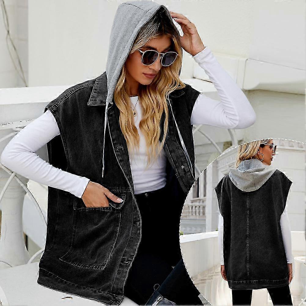 2025 Women's Buttoned Washed Denim Vest Jacket W Chest Flap Pockets