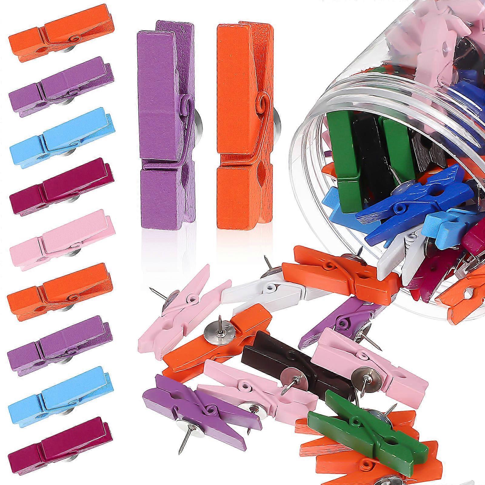 Wooden Clips with Metal Nails for Cork Board – 100pcs Colorful Push Pins for Photos, Crafts, and Bulletin Boards – Random Style Pack