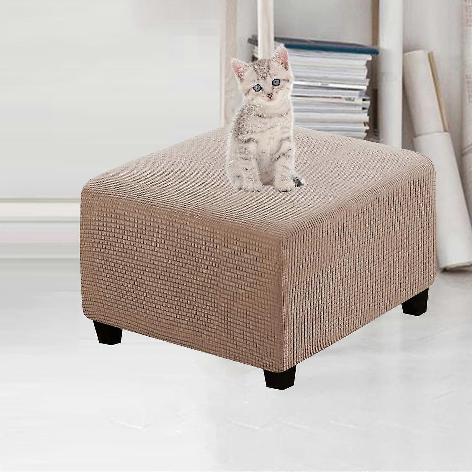 Square Ottoman Cover, Stretch Slipcover, Soft Protector With Elastic Bottom, Removable And Washable Khaki Size L