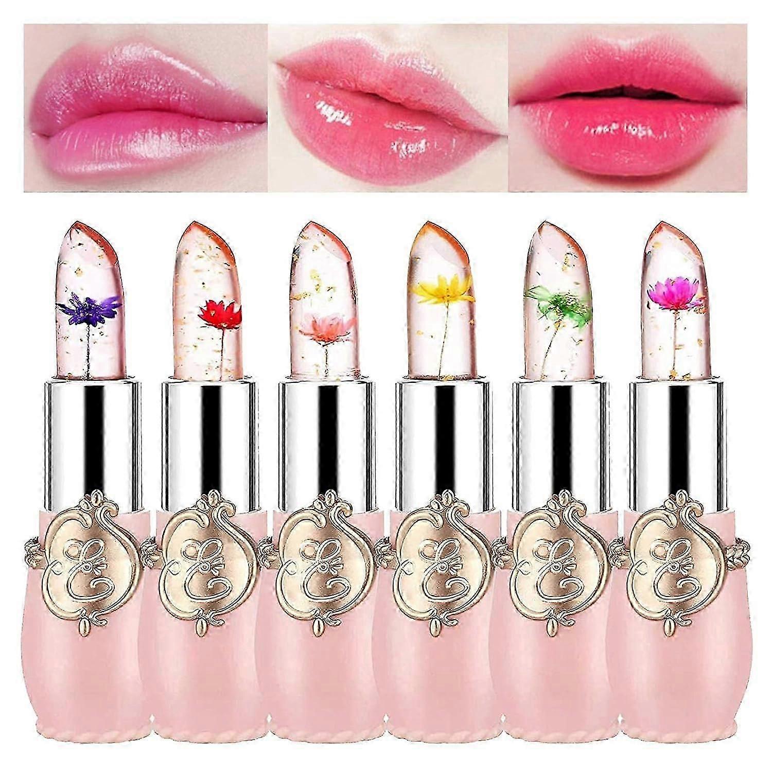 6色クリスタルフラワーゼリーリップスティック、色が変わるリップグロス長持ち保湿リップステインリップグロス