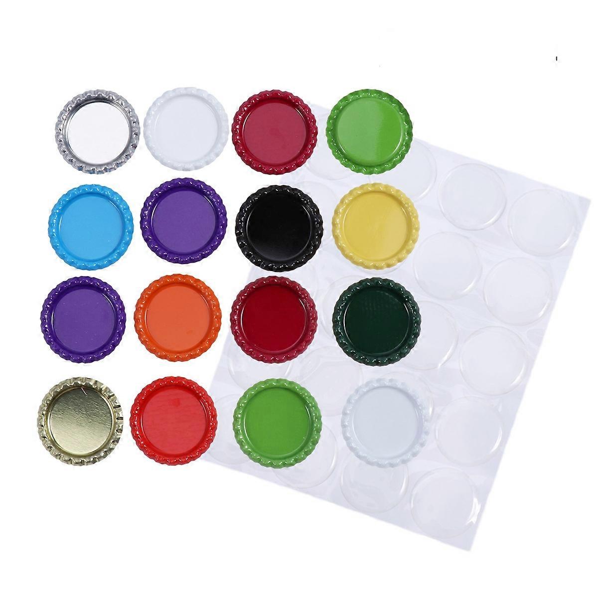 100 Assorted Color Bottle Caps with Clear Stickers for DIY Craft Projects Metal Resin Material 34mm