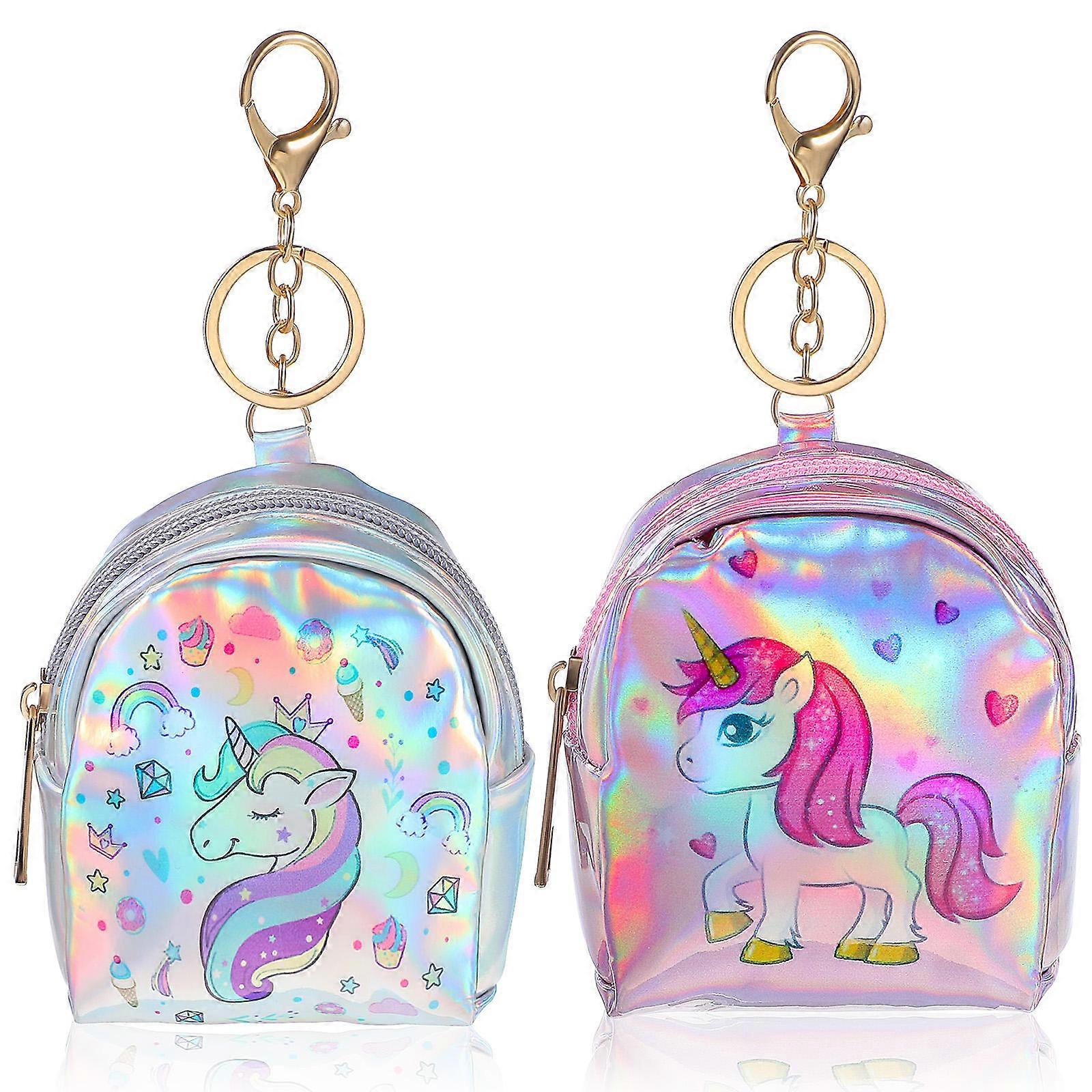 Unicorn Coin Pouches with Keychain Small Zipper Wallets for Women, Bright PU Mini Coin Bags for Daily Use and Travel