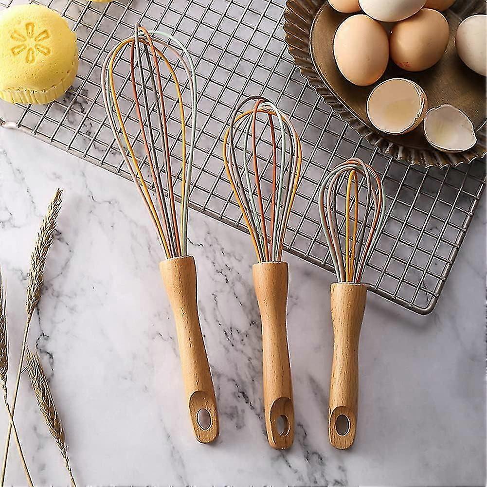 3 silicone whisks with beechwood handle for mixing, beating, frothing and mixing - Multicolored.