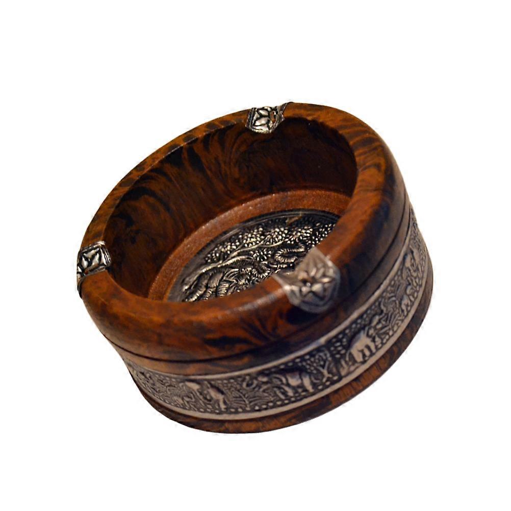 Round Ashtray Wooden Cigarette Ashtray with Elephant Pattern for Home and Office Use Coffee 1Set