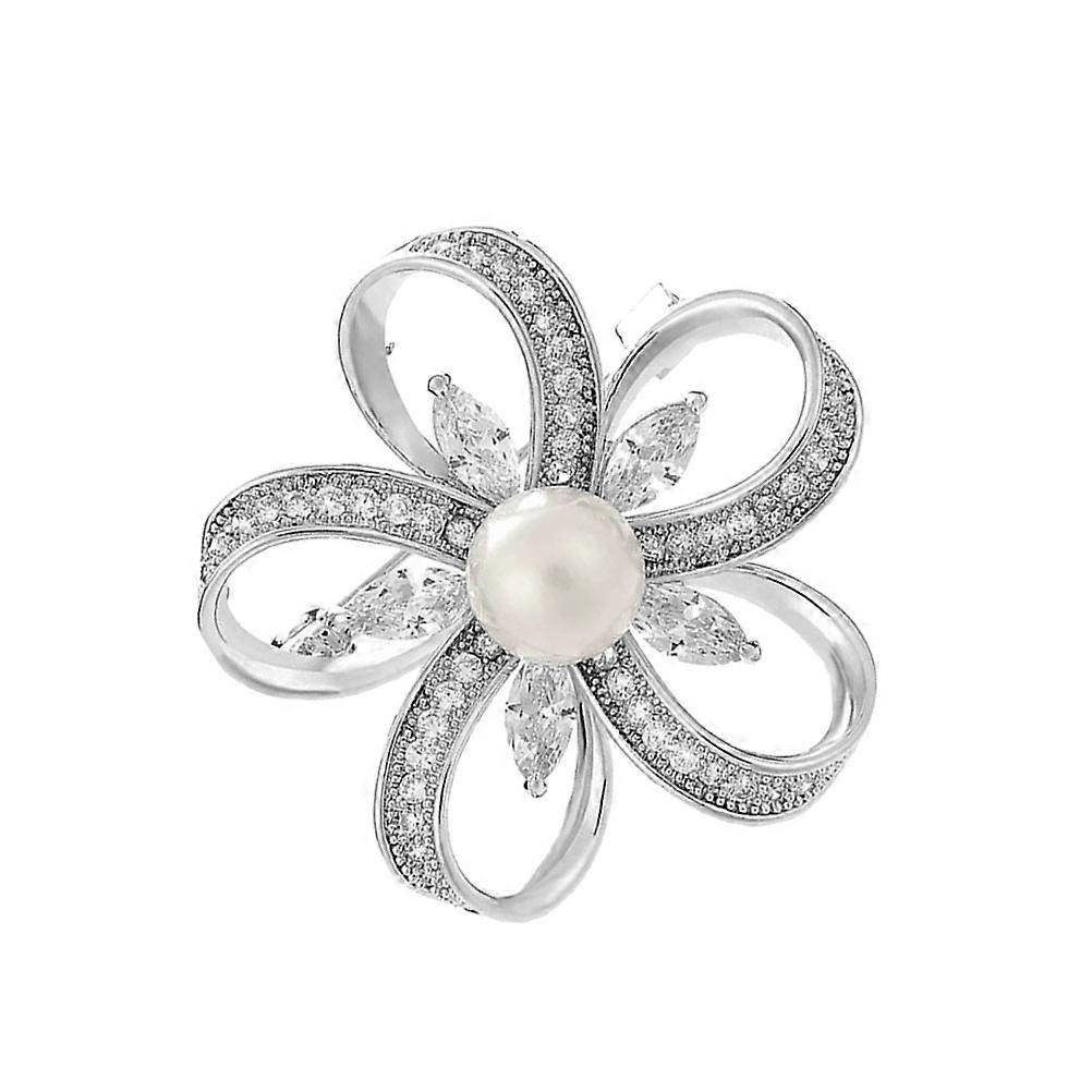 Elegant Zircon Flower Brooch for Decoration Use Shiny Pin with Korean Style Silver Tone