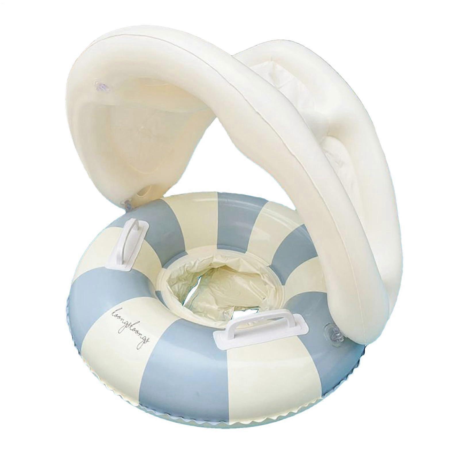 Floating Baby Float With Sun Shade, Lightweight, Inflatable Ring, Foldable Frame, Secure Seat Belt, Blue Striped Outdoor