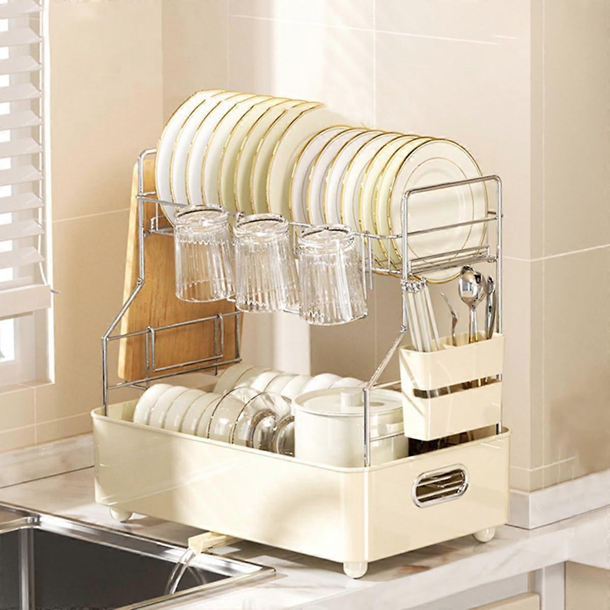 Compact Dish Rack With Drip Tray, Large Utensil Holder, Easy Assembly, Leak-Proof Spout, 2-Tier Beige Finish
