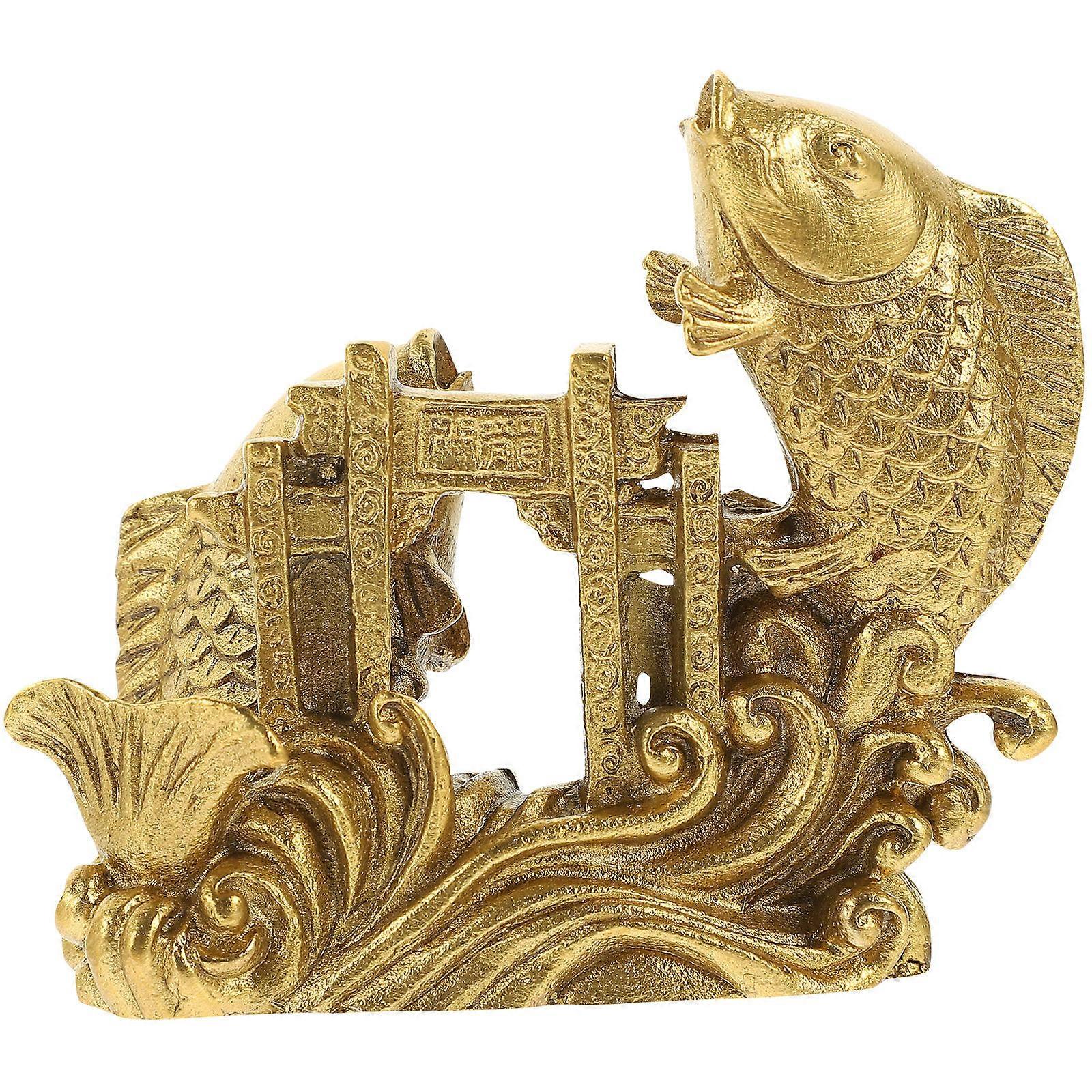 Golden Brass Fish Figurine for Decor Lifelike Carp Statue with Flat Bottom Space Saving on Desktop 4.5 x 2.3 x 1.8 inches