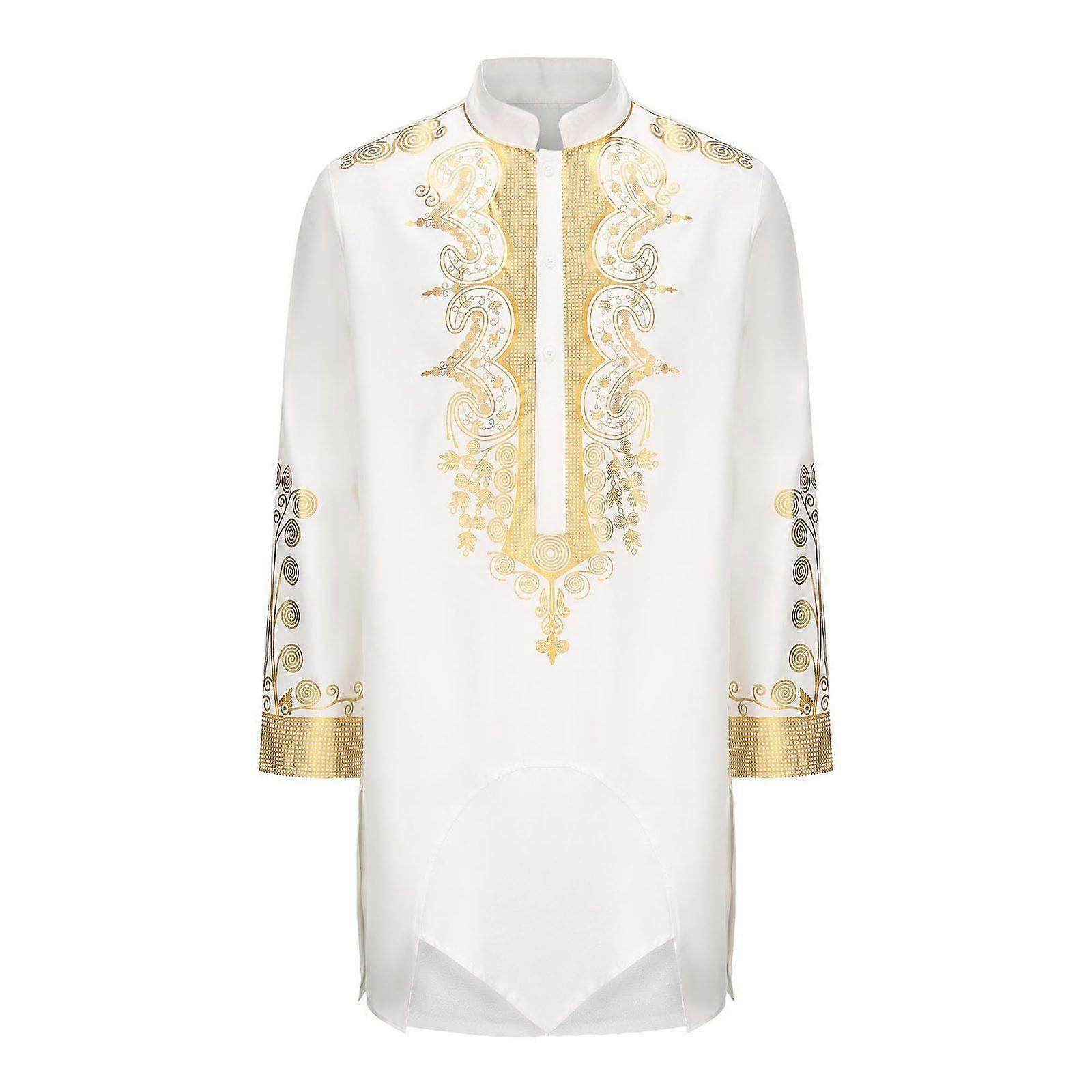 Kurta Pyjama Set For Men Long Sleeve Kaftan Men's Silk Ethnic Outfit Dress Party Dress Outfit Party Dress Wear White L