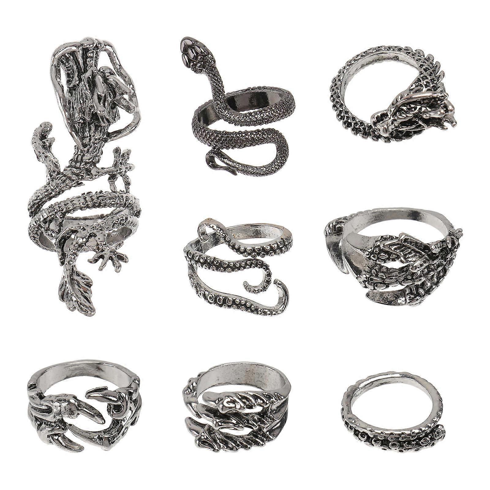 8Pcs Adjustable Opening Retro Rings Set With Snake And Dragon Designs For Fashionable Accessory Use