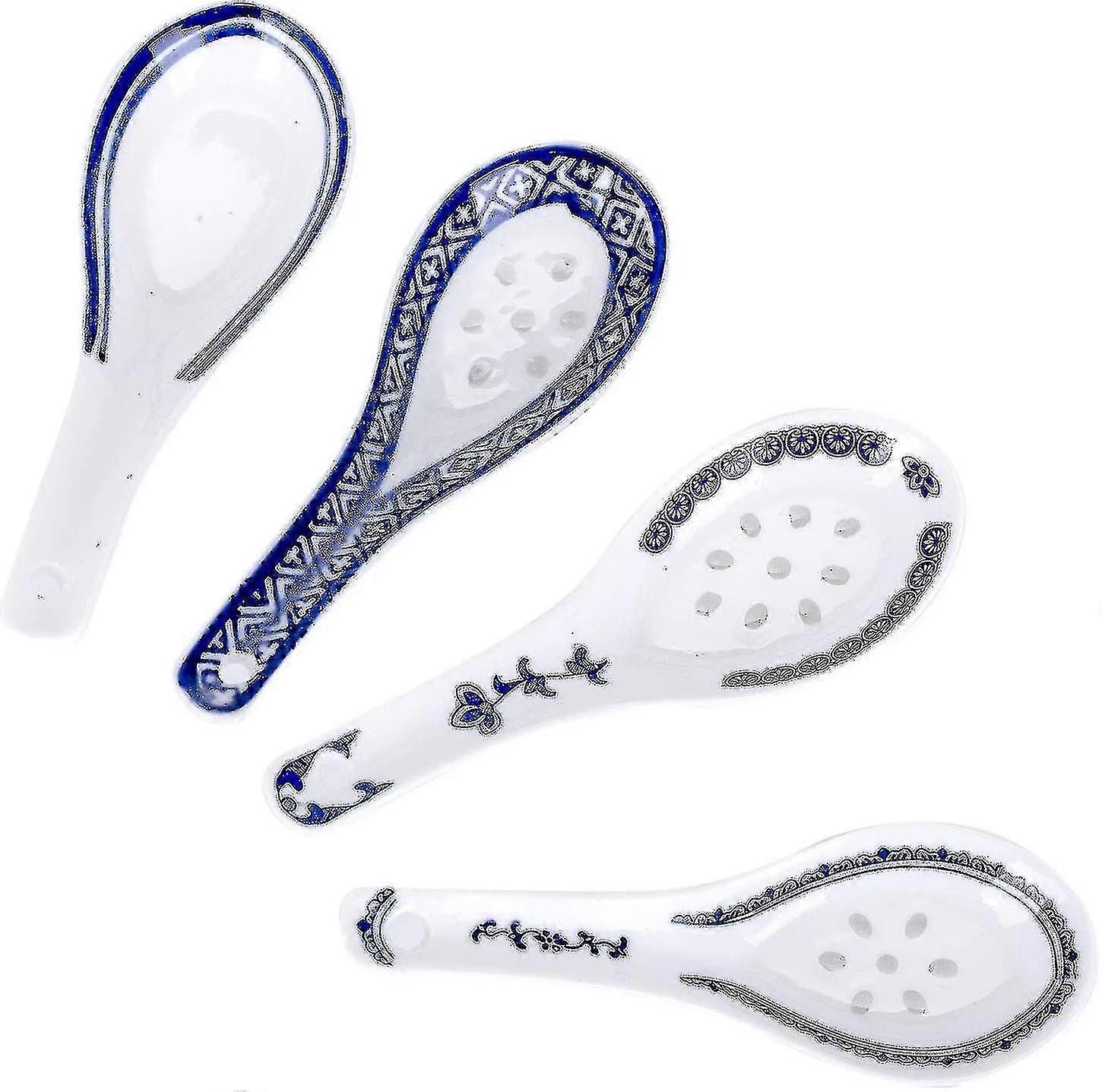 Set Of 4 Chinese/japanese Ceramic Soup Spoons, Tradition Blue And White Ceramic Spoon Suitable For Soup