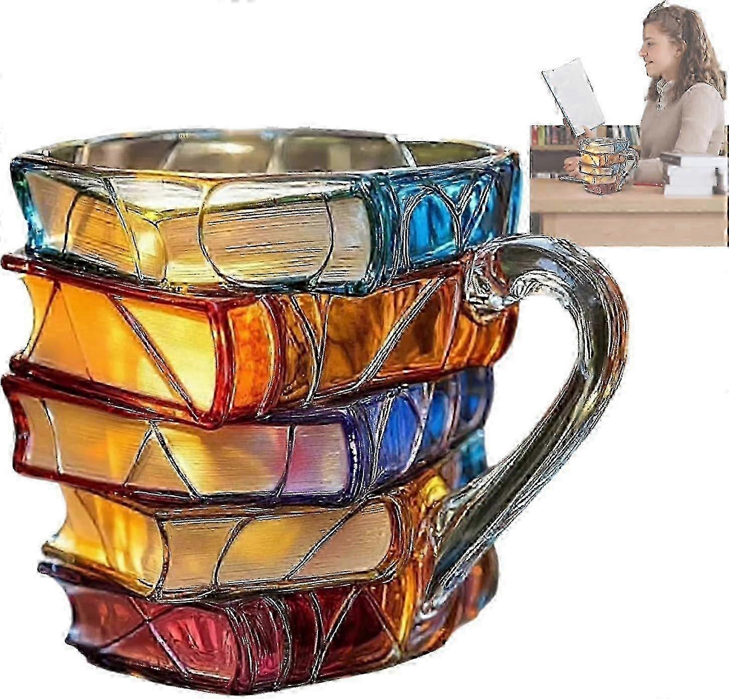 3D Painted Books Coffee Mug - Unique Stacked Books Shaped Cup Gift for Book Lovers & Readers