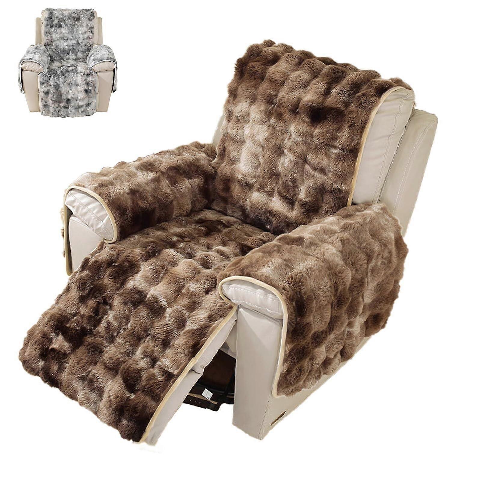 Faux Rabbit Fur Recliner Slipcover - Non-Slip Plush Protector, Washable Sofa Cover For Recliners, Dark Coffee