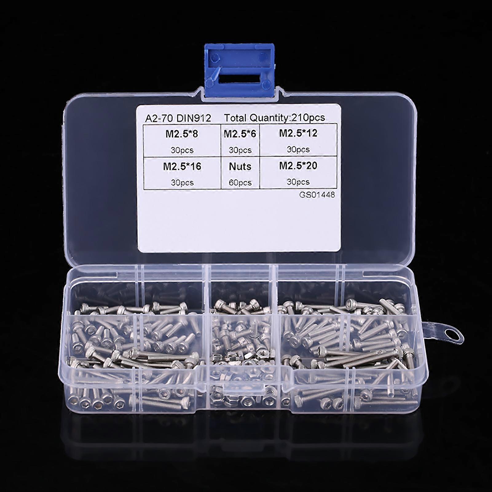 210pcs M2.5 Stainless Steel Hex Socket Cap Screws & Nuts Set