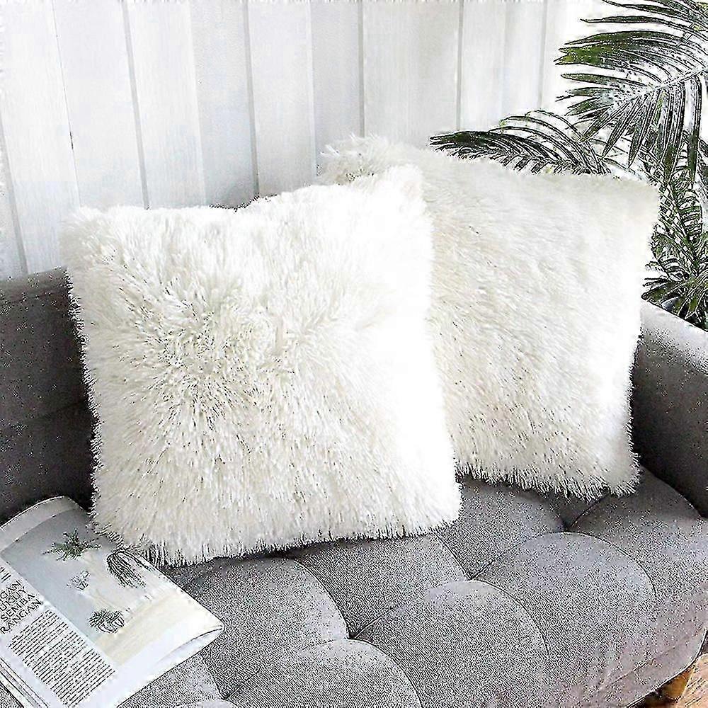 Set of 2 White Artificial Fur Cushion Covers for Sofa and Decor Use - Soft and Fluffy