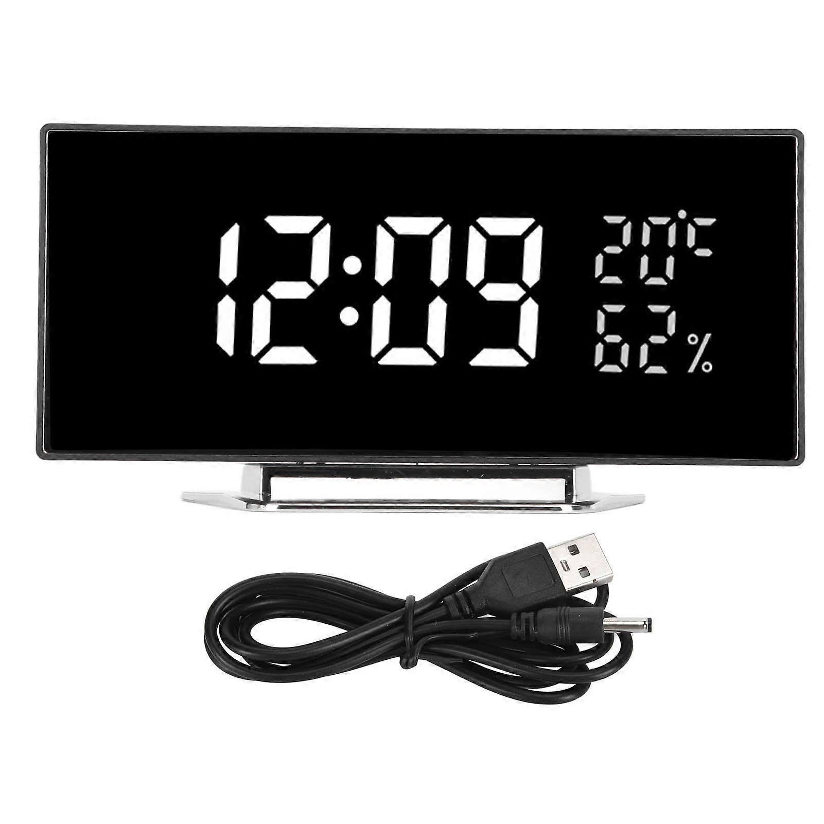 Curved Digital Clock LED Mirror Backlight 3 Level Brightness Desktop Clock with Temperature Humidity Display White Light