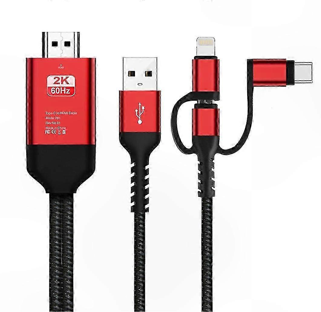 USB Type C to HDMI Cable Adapter for Android and iOS Devices, 1080p HD TV Connection, 3-in-1 Multi-function Support