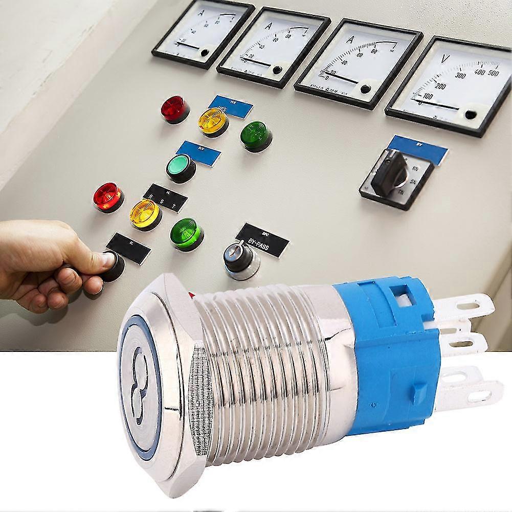 2 Pcs 16mm Button Switch Stainless Steel Flat Head Self-Reset 5 Pin Button with '8' SymbolBlue 220VAC 2025