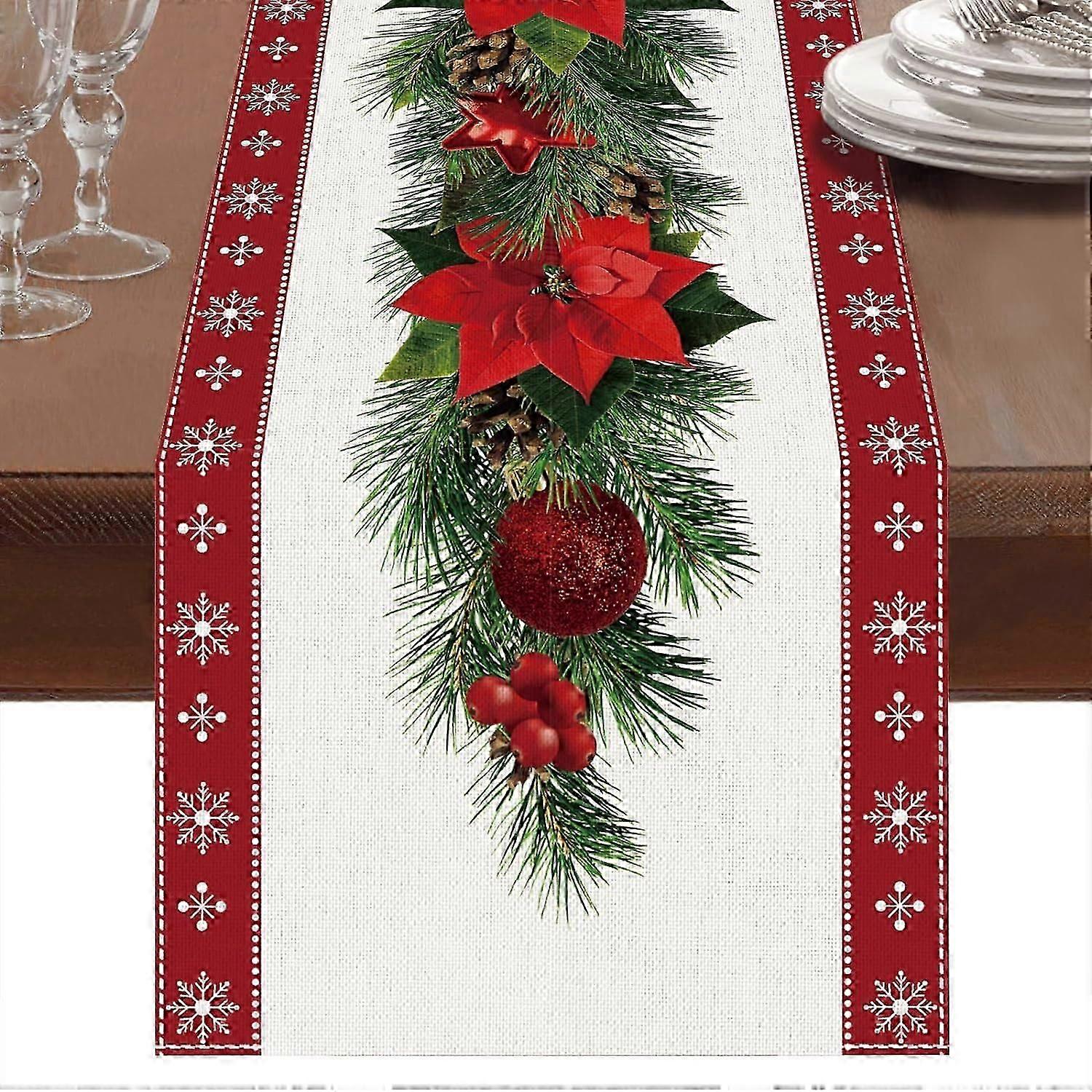 Watercolor Poinsettia Red Christmas Table Runner with White Snowflake,Seasonal Winter Xmas Party Decoration Holiday 13 x 72 Inch