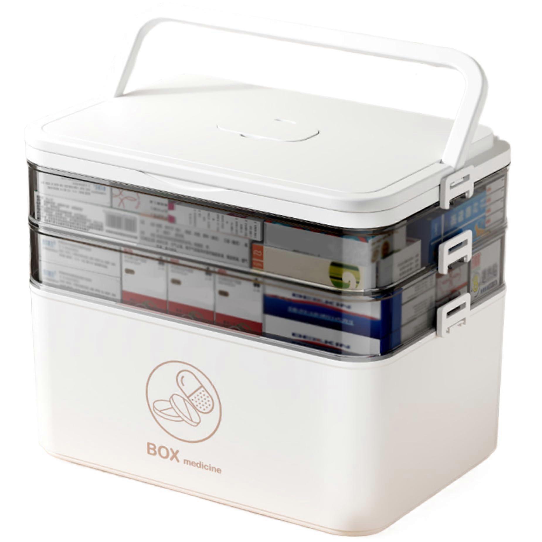 Medicine Storage Box Clear Plastic Organizer 3 Tier Partitioned First Aid Cabinet With Handle Large Capacity Office