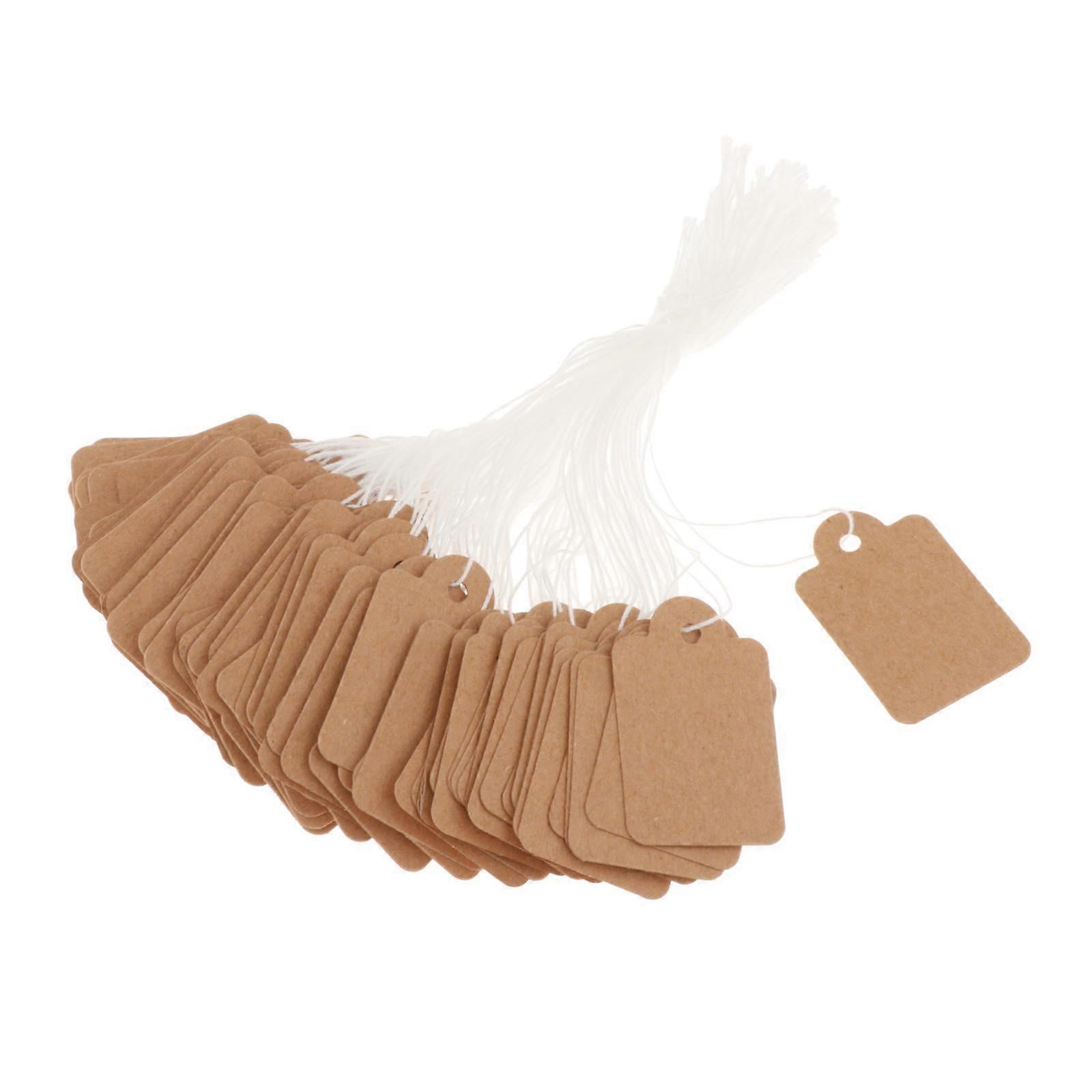 100x Price Display Tags with String, 25x15mm Kraft Blank Hanging Labels, Compatible with Retail & Gift Products