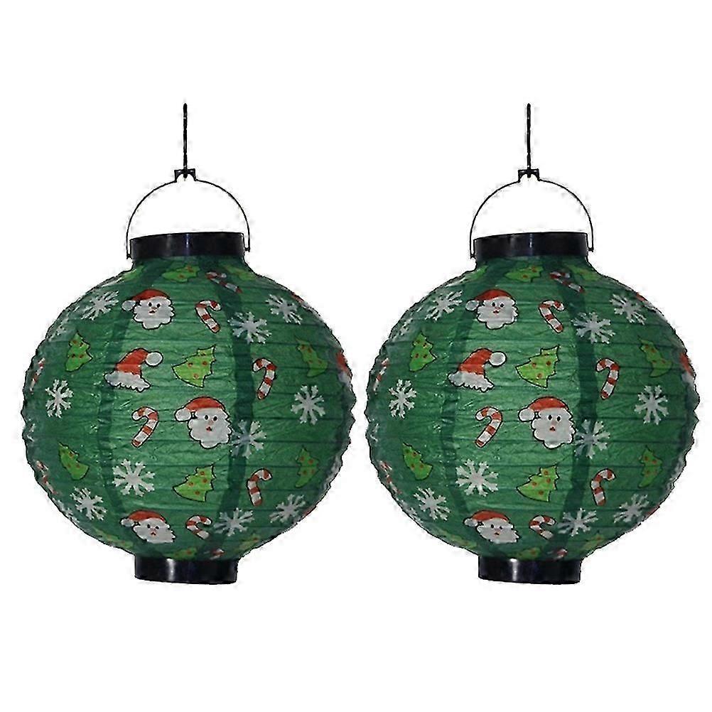 2pcs Christmas Luminous Paper Lantern Hangable Paper Lantern Christmas Scene Layout Decorations with Lamp Green Santas Snowflake Style No Battery