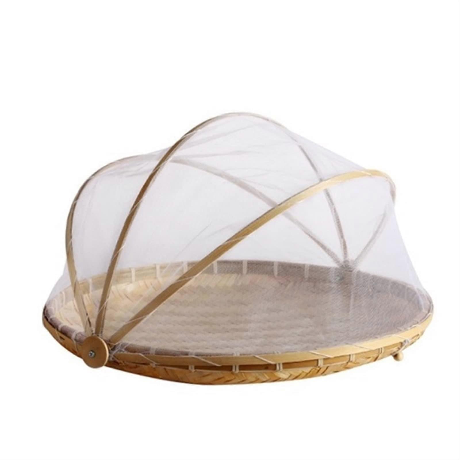 Picnic Baskets Handmade Woven Fruit And Vegetable Basket Mosquito Net Round Dustproof Wicker Tray Cover Gauze Size S