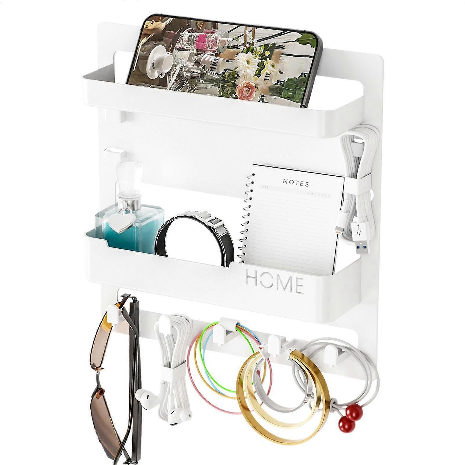 Floating Shelves with Hooks and Cable Clips for Bedside and Bathroom Wall Storage Organizer White