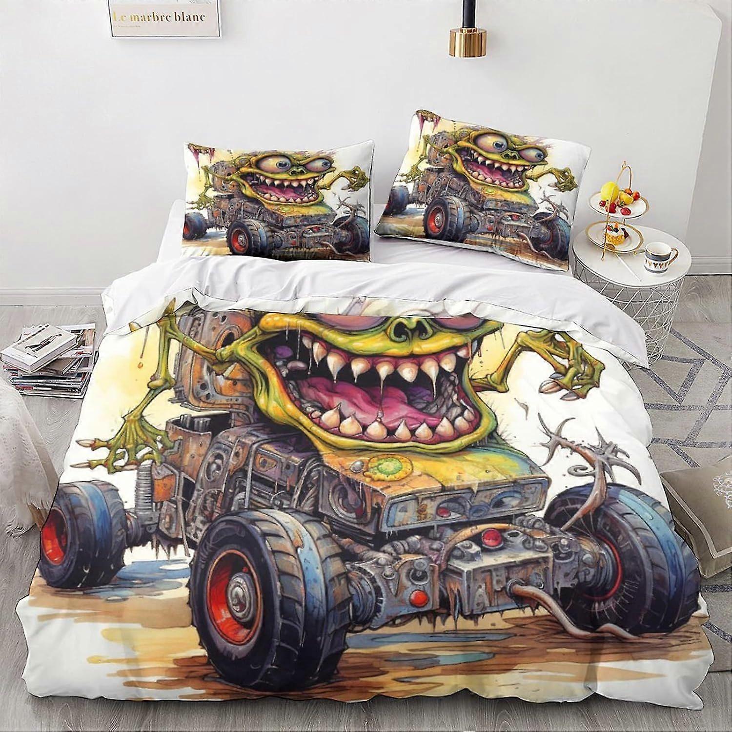 LikeEj monstro edredom capa conjunto, 3D vintage carro roupa de cama conjunto com fronhas de microfibra & fecho com zíper colcha caso desenhos animados impresso efeito duplo