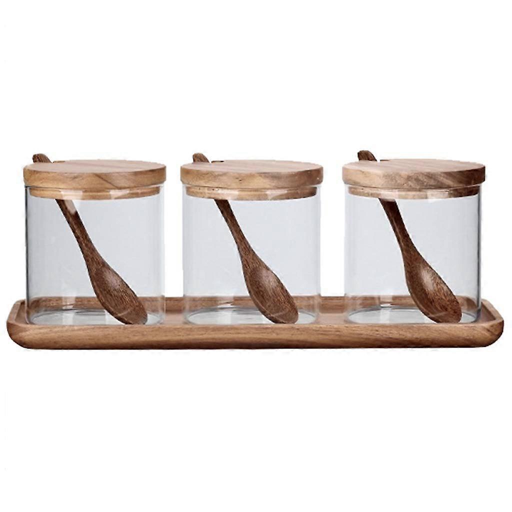 Seasoning Bottle Clear Condiment Box Set With Lid Spoon And Tray Round Spice Pots Condiment Jars