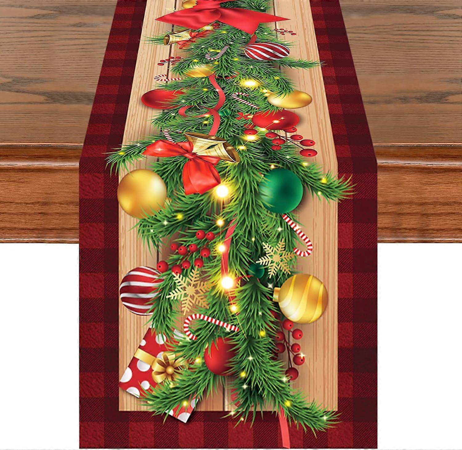 Xmas Red Berries & Red Black Buffalo Check Plaid Table Runner, 3D Realistic Winter (33*183cm)
