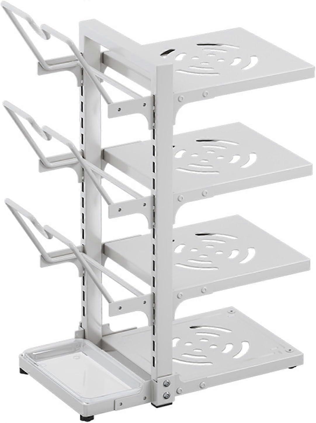 4Tier Adjustable Pot and Pan Organizer Rack with Drain Tray, Heavy Duty Cookware Storage Shelf White