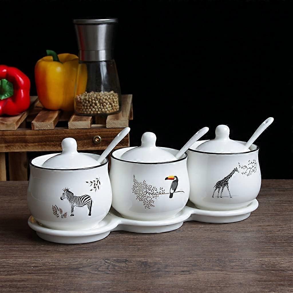 Ceramic Condiment Jars Set of 3 with Spoons and Tray, White Spice Jar Set for Kitchen Storage