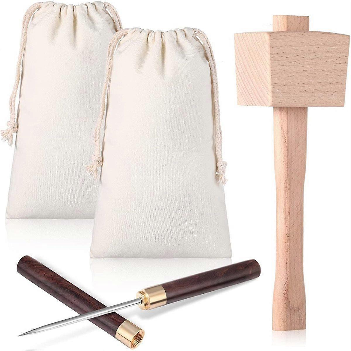 4 Pcs Bag and Ice Mallet Set, Reusable Canvas Crushed Ice Bags with Wooden Handle Hammer for Bar Ba