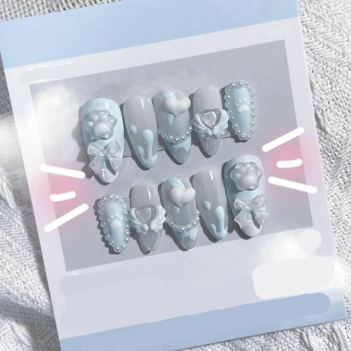 Handmade Press On Nails Cat Claw Shape with Cute Bow Accent Size L 1 Count Durable Reusable