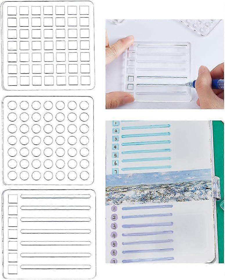3Pcs Journal Stencils Templates Acrylic Hollow Out Drawing Painting Square Grid Round Reusable Stencils for Journal Notebook Diary Scrapbook