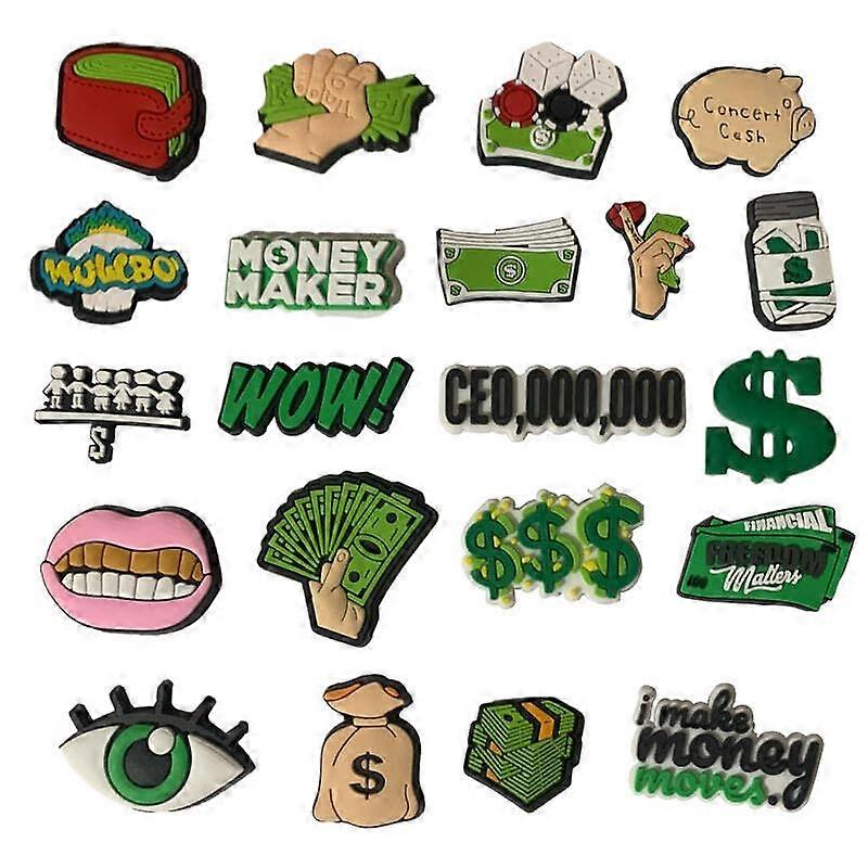 20PCS Money and Wealth Shoe Charms for Clogs – Bold PVC Prosperity Theme for Teens and Adults