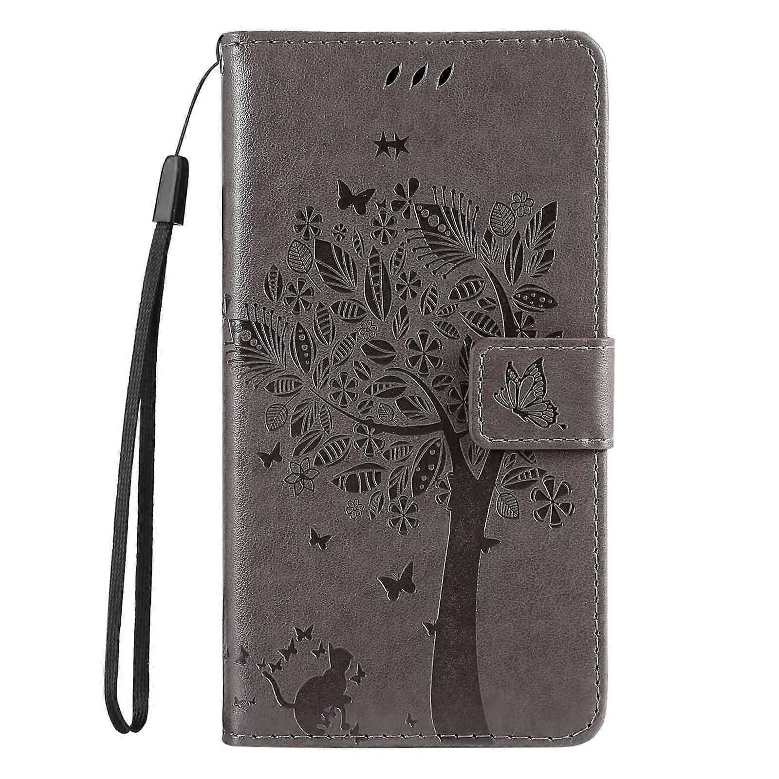 Wallet Case Flip Leather Cat and Tree Embossed Cover Shockproof Magnetic Closure Gray for Nokia G42