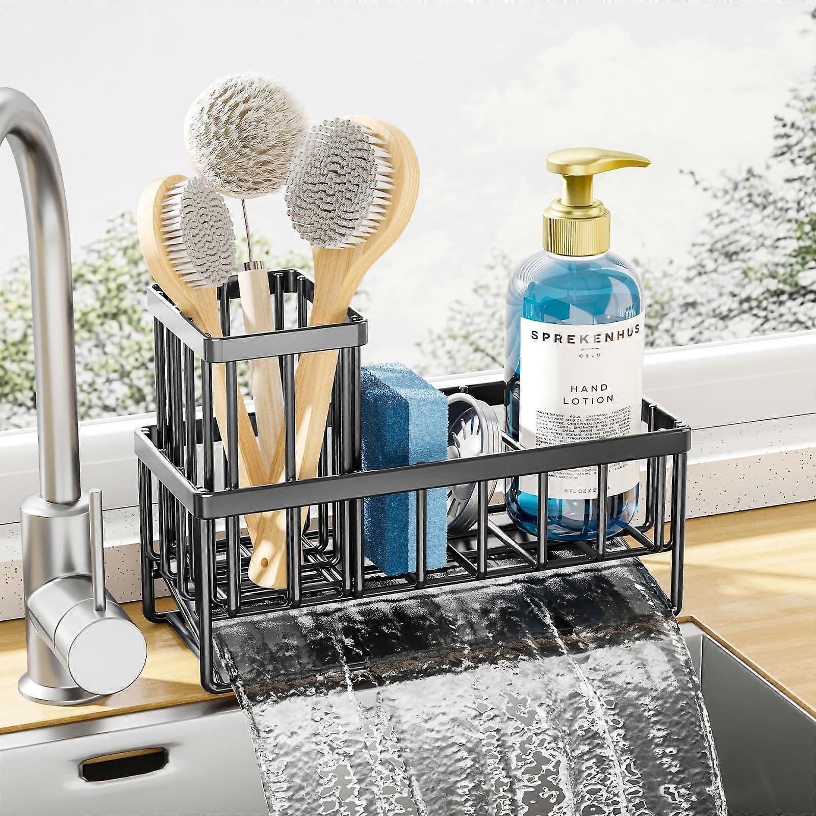 Kitchen Sink Caddy Rustproof Stainless Steel Sponge Holder with Auto Drainage for Small Kitchens