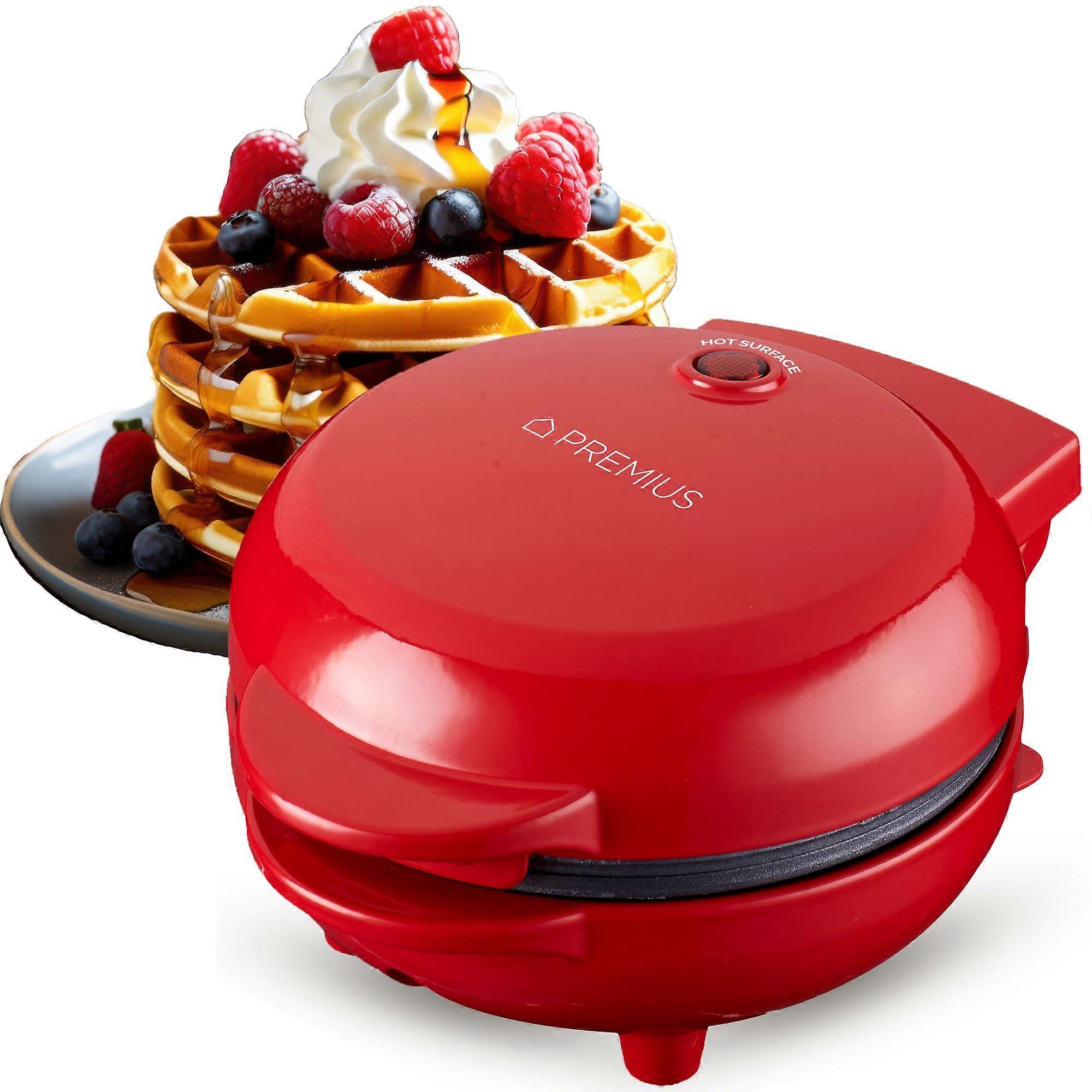 Mini Waffle Maker with Ceramic Nonstick Surface, 4 Inch Quick Heat Compact Design, Red