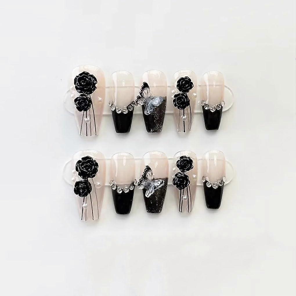 Handmade Press On Nails with Flower Pearl Design, Reusable Acrylic False Nails Tool Kit