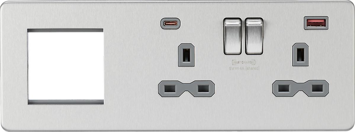 Screwless 13A 2G DP Socket with USB Fastcharge + 2G Modular Combination Plate - Brushed Chrome 230V IP20