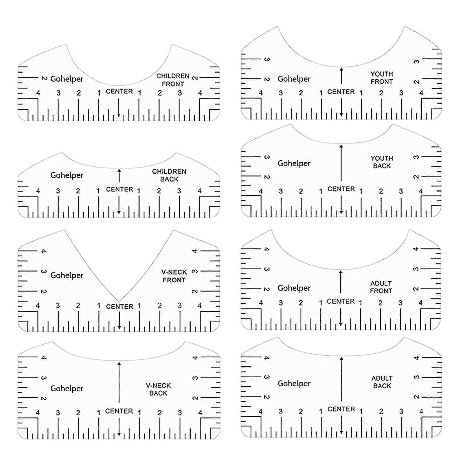 8pcs TShirt Alignment Ruler Set for Sewing and Printing, VNeck and Crew Neck Centering Tool