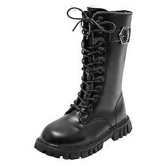 Stivali per bambini, scarpe comode, morbidi e piatti, alla moda, con lacci, in velluto caldo, stivali per bambine, 4,5-5 anni, neri