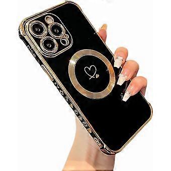 Étui magnétique compatible avec iPhone 15 Pro, motif cœurs, protection appareil photo, coque souple en TPU antichoc pour femme